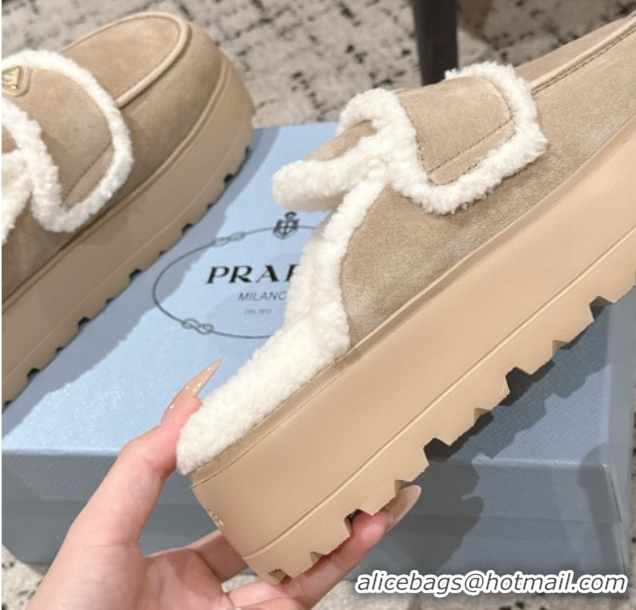 Purchase Prada Suede and Shearling Platform Mules 4cm Taupe 2025 1XZ778 1027014