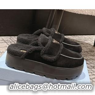 Top Design Prada Suede and Shearling Platform Mules 4cm Black 2025 1XZ778 1027015