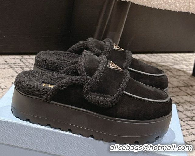 Top Design Prada Suede and Shearling Platform Mules 4cm Black 2025 1XZ778 1027015