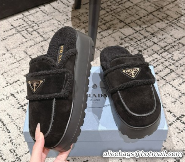 Top Design Prada Suede and Shearling Platform Mules 4cm Black 2025 1XZ778 1027015