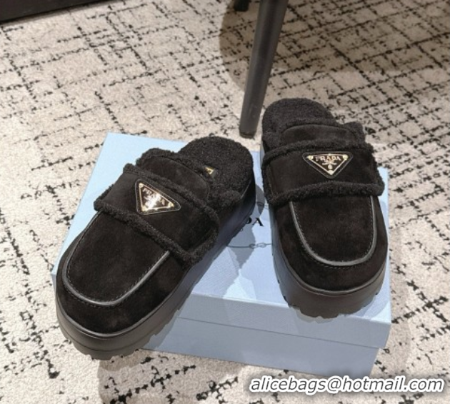 Top Design Prada Suede and Shearling Platform Mules 4cm Black 2025 1XZ778 1027015