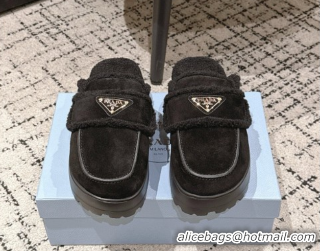 Top Design Prada Suede and Shearling Platform Mules 4cm Black 2025 1XZ778 1027015