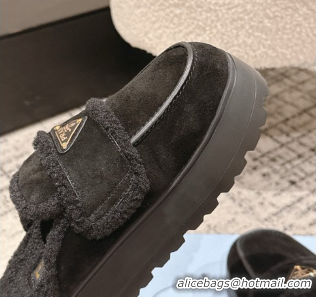 Top Design Prada Suede and Shearling Platform Mules 4cm Black 2025 1XZ778 1027015