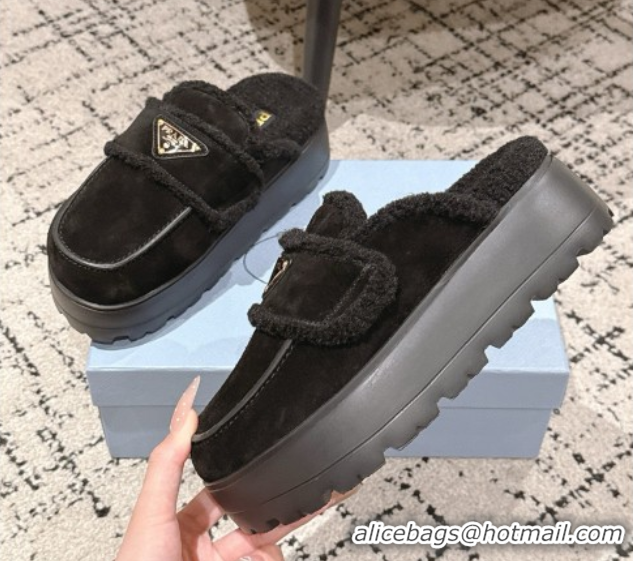 Top Design Prada Suede and Shearling Platform Mules 4cm Black 2025 1XZ778 1027015