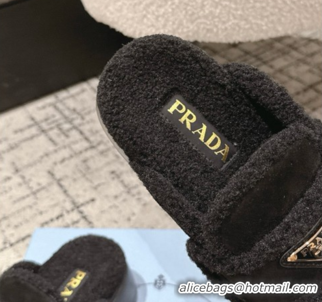 Top Design Prada Suede and Shearling Platform Mules 4cm Black 2025 1XZ778 1027015