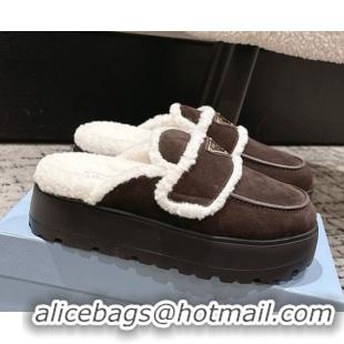 Grade Quality Prada Suede and Shearling Platform Mules 4cm Dark Brown 1XZ778 1027016