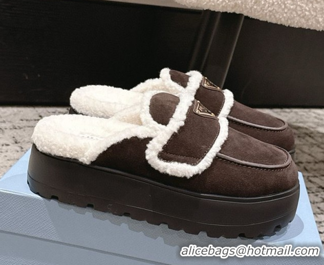 Grade Quality Prada Suede and Shearling Platform Mules 4cm Dark Brown 1XZ778 1027016