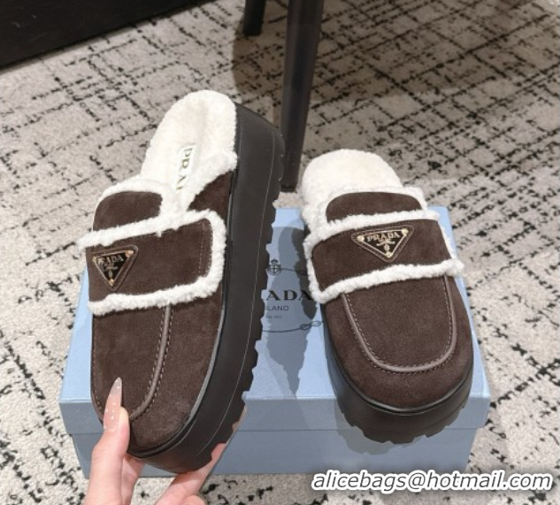 Grade Quality Prada Suede and Shearling Platform Mules 4cm Dark Brown 1XZ778 1027016