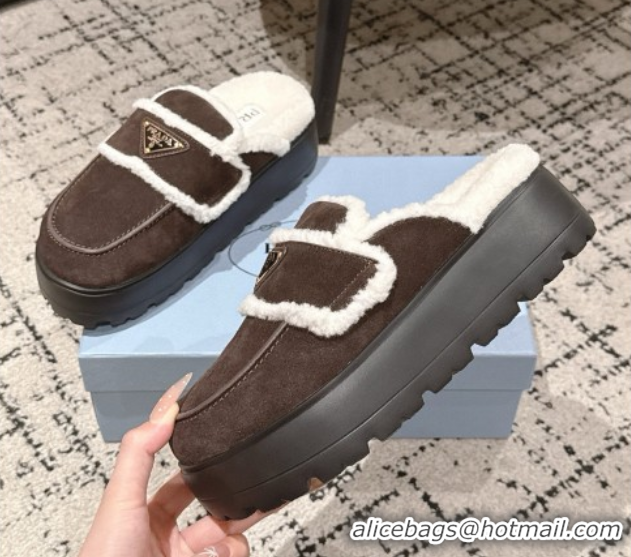 Grade Quality Prada Suede and Shearling Platform Mules 4cm Dark Brown 1XZ778 1027016