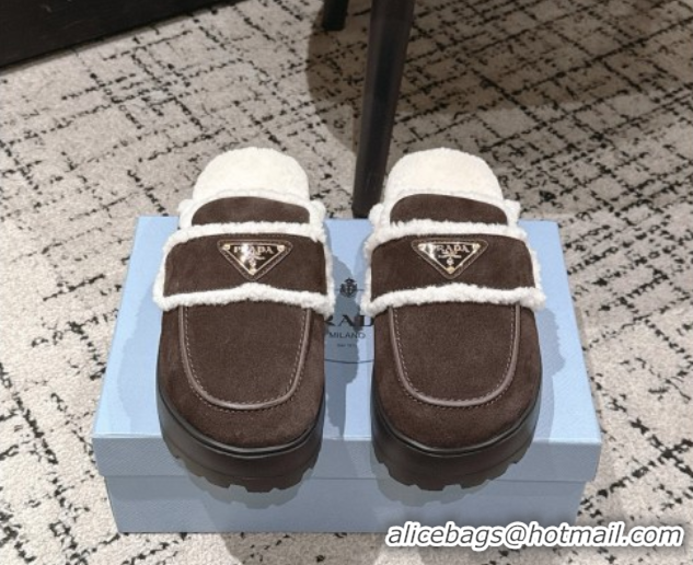 Grade Quality Prada Suede and Shearling Platform Mules 4cm Dark Brown 1XZ778 1027016