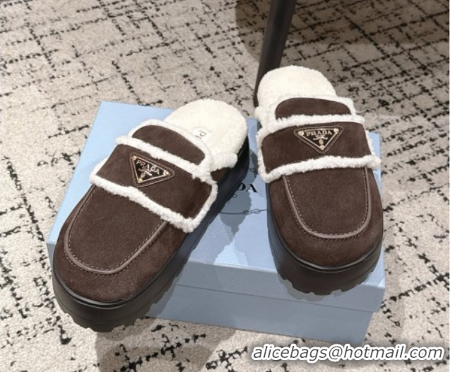 Grade Quality Prada Suede and Shearling Platform Mules 4cm Dark Brown 1XZ778 1027016
