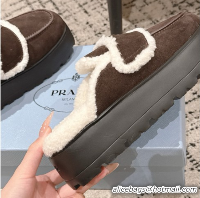Grade Quality Prada Suede and Shearling Platform Mules 4cm Dark Brown 1XZ778 1027016