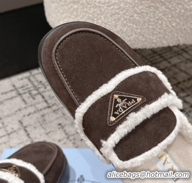 Grade Quality Prada Suede and Shearling Platform Mules 4cm Dark Brown 1XZ778 1027016