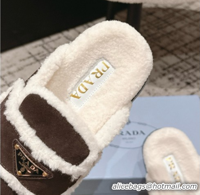 Grade Quality Prada Suede and Shearling Platform Mules 4cm Dark Brown 1XZ778 1027016