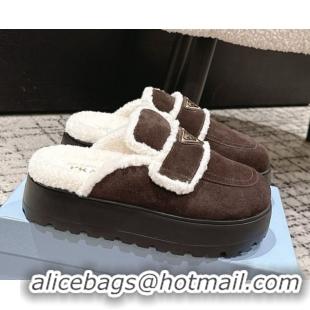 Stylish Prada Suede and Shearling Platform Mules 4cm Dark Brown 2025 PR101107 1027017
