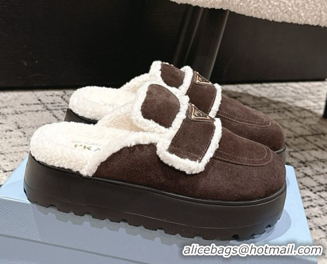 Stylish Prada Suede and Shearling Platform Mules 4cm Dark Brown 2025 PR101107 1027017
