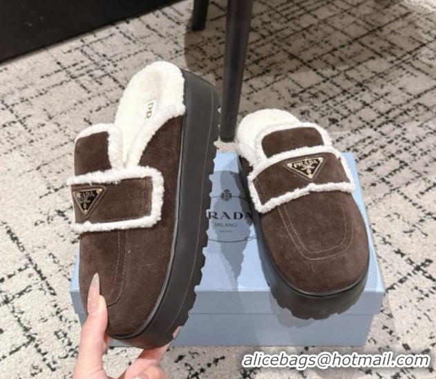 Stylish Prada Suede and Shearling Platform Mules 4cm Dark Brown 2025 PR101107 1027017