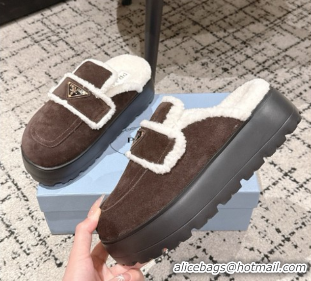 Stylish Prada Suede and Shearling Platform Mules 4cm Dark Brown 2025 PR101107 1027017