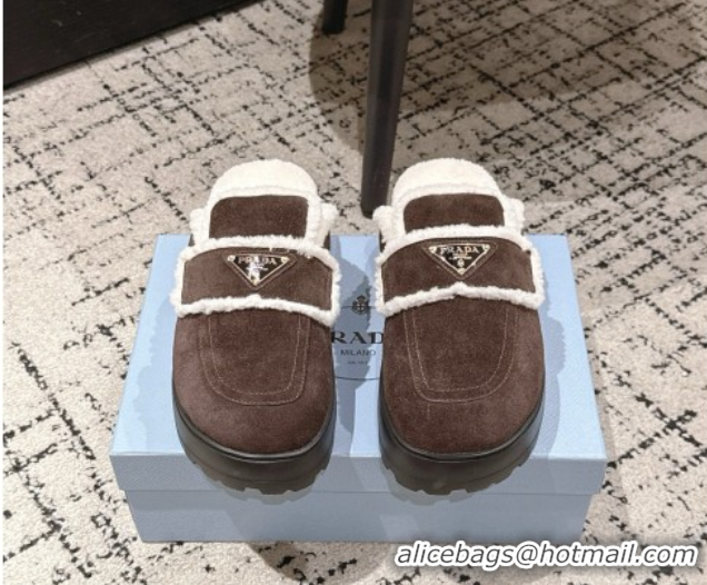 Stylish Prada Suede and Shearling Platform Mules 4cm Dark Brown 2025 PR101107 1027017