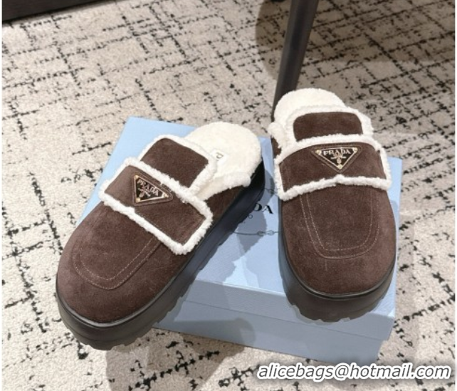 Stylish Prada Suede and Shearling Platform Mules 4cm Dark Brown 2025 PR101107 1027017