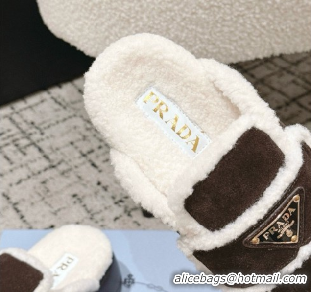 Stylish Prada Suede and Shearling Platform Mules 4cm Dark Brown 2025 PR101107 1027017