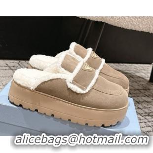 Best Grade Prada Suede and Shearling Platform Mules 4cm Taupe 2025 PR101107 1027018