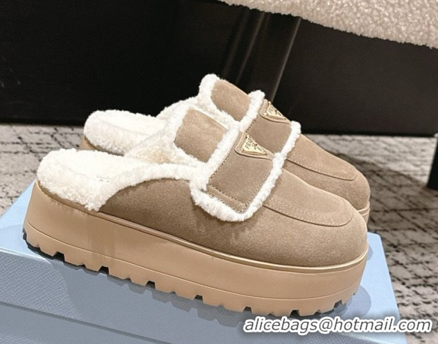 Best Grade Prada Suede and Shearling Platform Mules 4cm Taupe 2025 PR101107 1027018