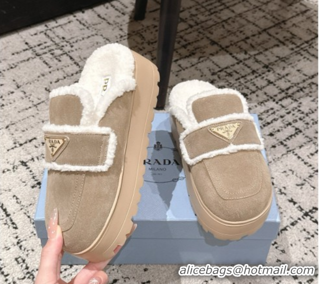 Best Grade Prada Suede and Shearling Platform Mules 4cm Taupe 2025 PR101107 1027018