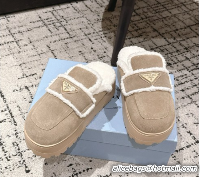 Best Grade Prada Suede and Shearling Platform Mules 4cm Taupe 2025 PR101107 1027018