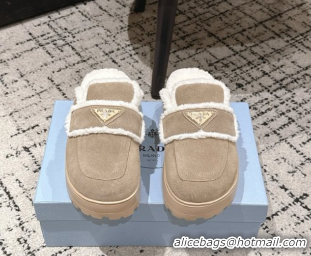 Best Grade Prada Suede and Shearling Platform Mules 4cm Taupe 2025 PR101107 1027018