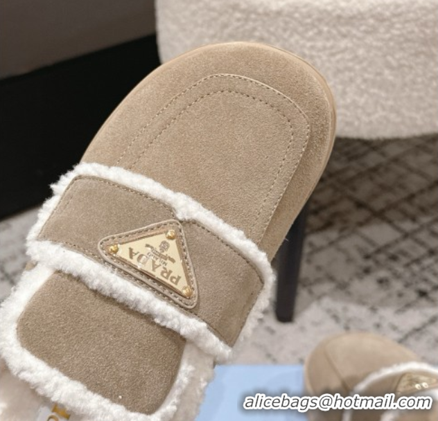 Best Grade Prada Suede and Shearling Platform Mules 4cm Taupe 2025 PR101107 1027018
