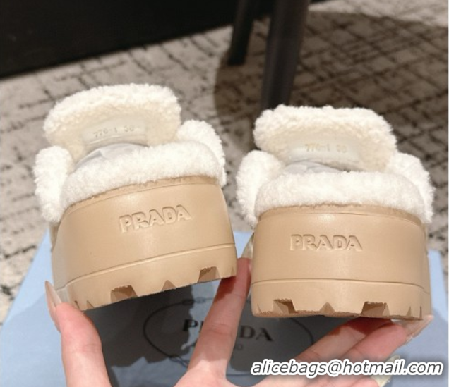 Best Grade Prada Suede and Shearling Platform Mules 4cm Taupe 2025 PR101107 1027018