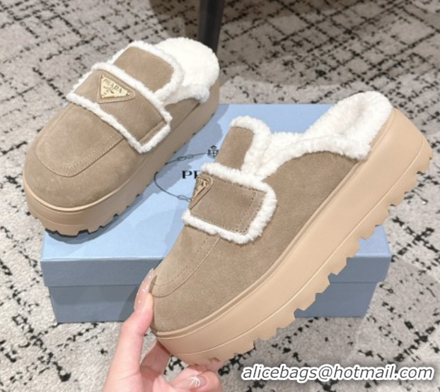 Best Grade Prada Suede and Shearling Platform Mules 4cm Taupe 2025 PR101107 1027018