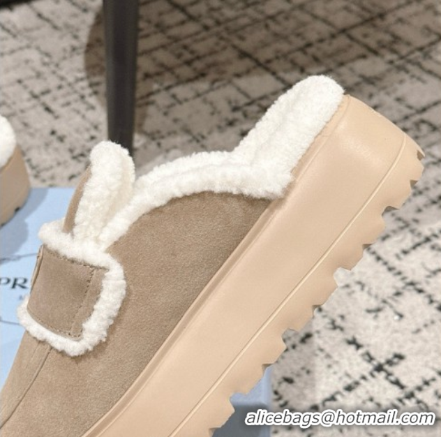 Best Grade Prada Suede and Shearling Platform Mules 4cm Taupe 2025 PR101107 1027018