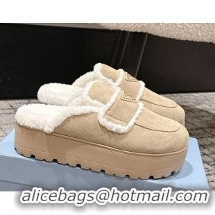 Low Cost Prada Suede and Shearling Platform Mules 4cm Beige 2025 PR101107 1027020