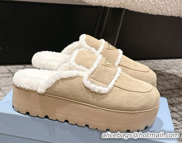 Low Cost Prada Suede and Shearling Platform Mules 4cm Beige 2025 PR101107 1027020