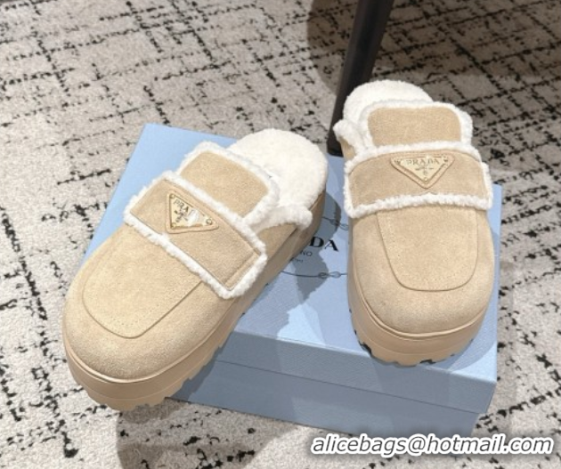 Low Cost Prada Suede and Shearling Platform Mules 4cm Beige 2025 PR101107 1027020