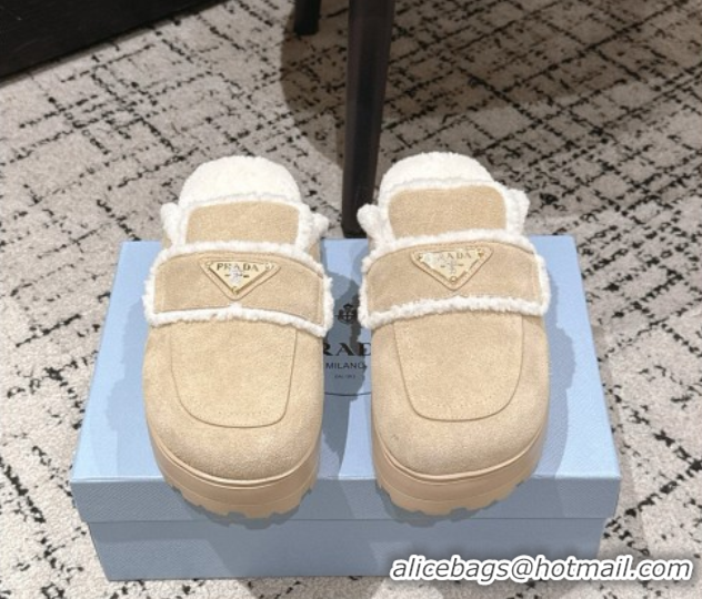 Low Cost Prada Suede and Shearling Platform Mules 4cm Beige 2025 PR101107 1027020