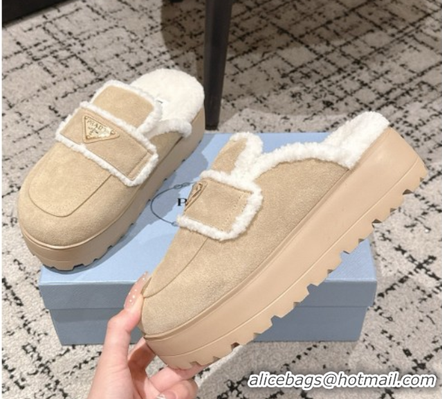Low Cost Prada Suede and Shearling Platform Mules 4cm Beige 2025 PR101107 1027020