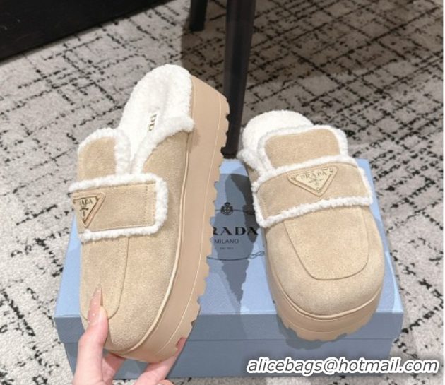 Low Cost Prada Suede and Shearling Platform Mules 4cm Beige 2025 PR101107 1027020