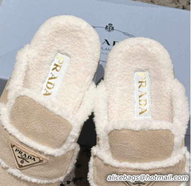 Low Cost Prada Suede and Shearling Platform Mules 4cm Beige 2025 PR101107 1027020