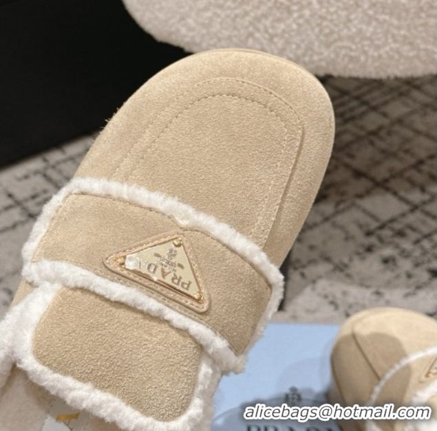Low Cost Prada Suede and Shearling Platform Mules 4cm Beige 2025 PR101107 1027020