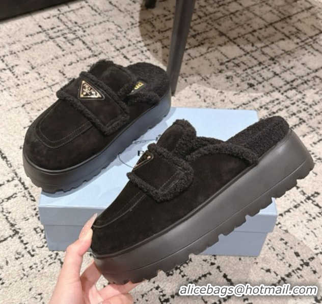 Durable Prada Suede and Shearling Platform Mules 4cm Black 2025 PR101107 1027021