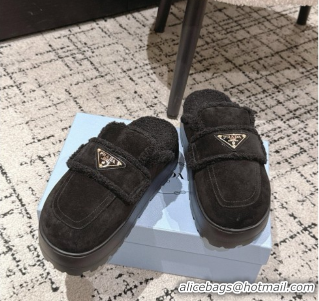 Durable Prada Suede and Shearling Platform Mules 4cm Black 2025 PR101107 1027021