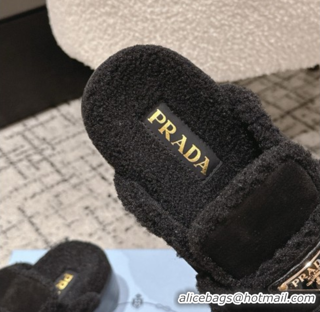 Durable Prada Suede and Shearling Platform Mules 4cm Black 2025 PR101107 1027021