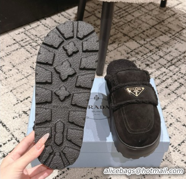 Durable Prada Suede and Shearling Platform Mules 4cm Black 2025 PR101107 1027021