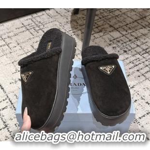 Best Product Prada Suede and Shearling Platform Mules 4cm Black 2025 PR102702 1027022
