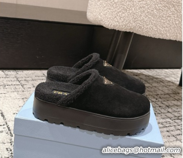 Best Product Prada Suede and Shearling Platform Mules 4cm Black 2025 PR102702 1027022