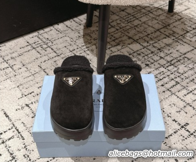 Best Product Prada Suede and Shearling Platform Mules 4cm Black 2025 PR102702 1027022