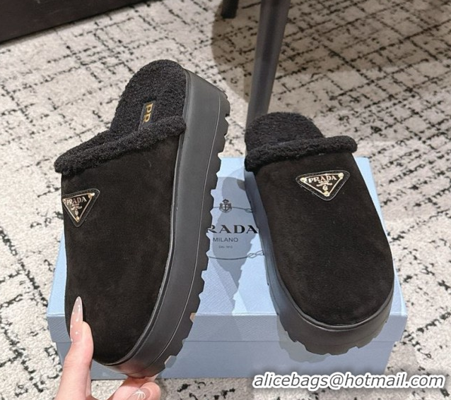 Best Product Prada Suede and Shearling Platform Mules 4cm Black 2025 PR102702 1027022